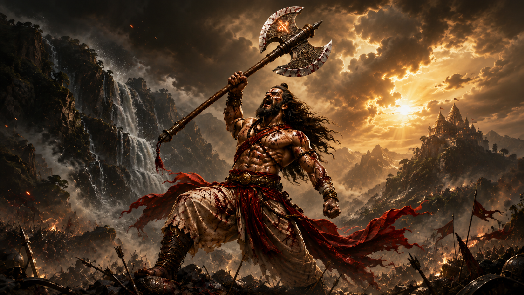 Parashurama facing the endless army before the burning fortress